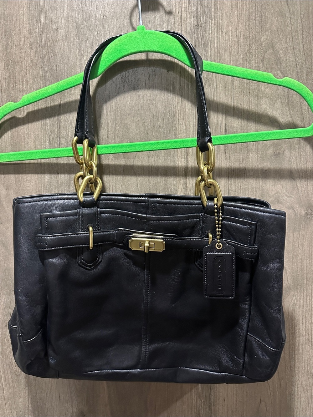 Coach Black Leather Tote Bag with Brass Hardware